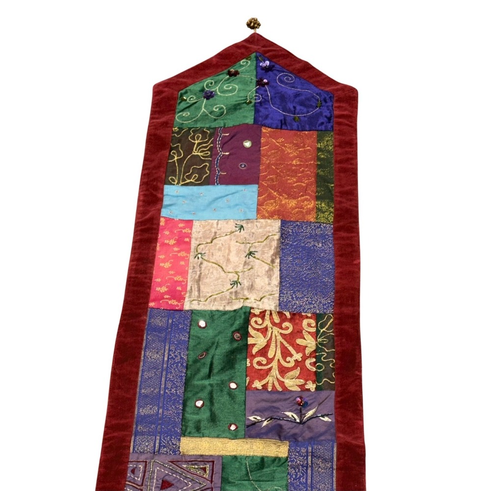 READ Vintage‎ Pier 1 Imports Patchwork Beaded Table Runner 14x68 Boho Embroidery